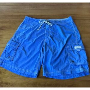 J Crew Blue Nylon Cargo Swim Trunks Board Shorts Mens Size 34 Pockets Drawstring